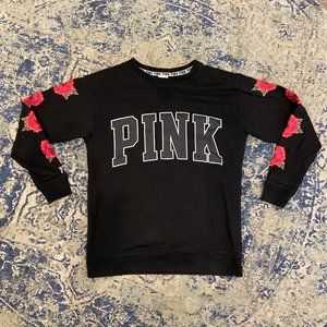 PINK Black Crew Neck Sweatshirt, Flower Embroidery, Black, Size XS